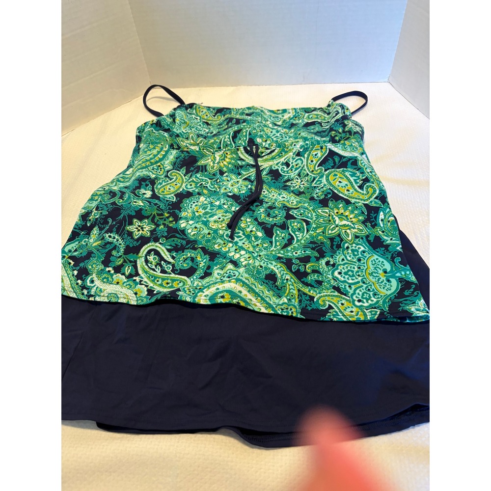 Lands End Womens Paisley Tankini Top and Swim Skirt Set Navy Green Size 14